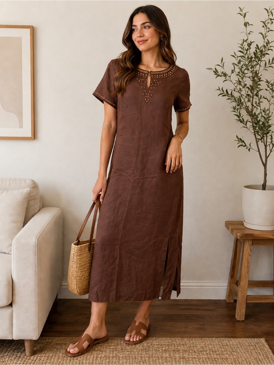 Maggy London Dresses & Skirts - MAGGY LONDON, Women's Brown Short-Sleeve maxi Dress, size:10 100%linen